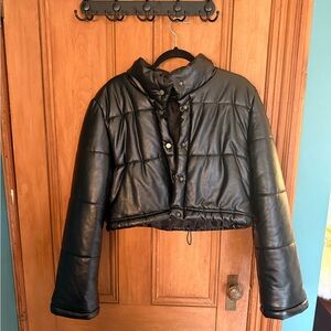 Women's Black Cropped Faux Leather Puffer Jacket